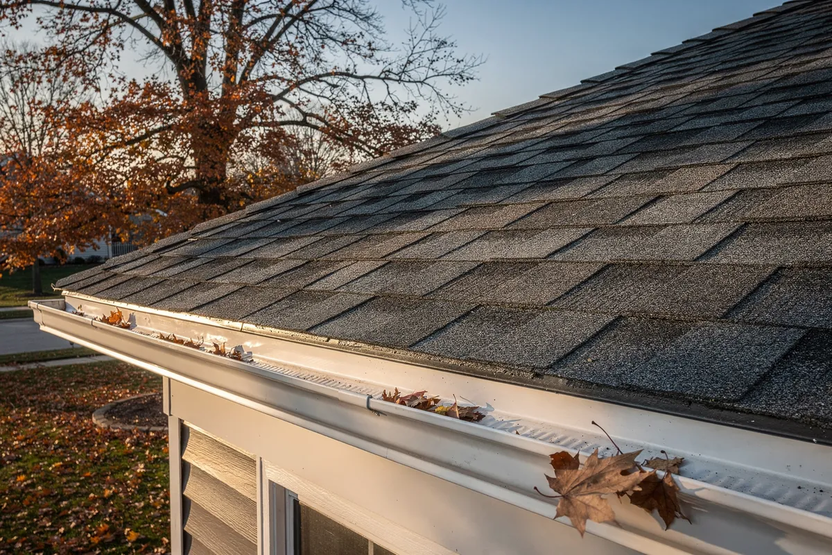 A finished grey shingle roof with new gutters in late autumn