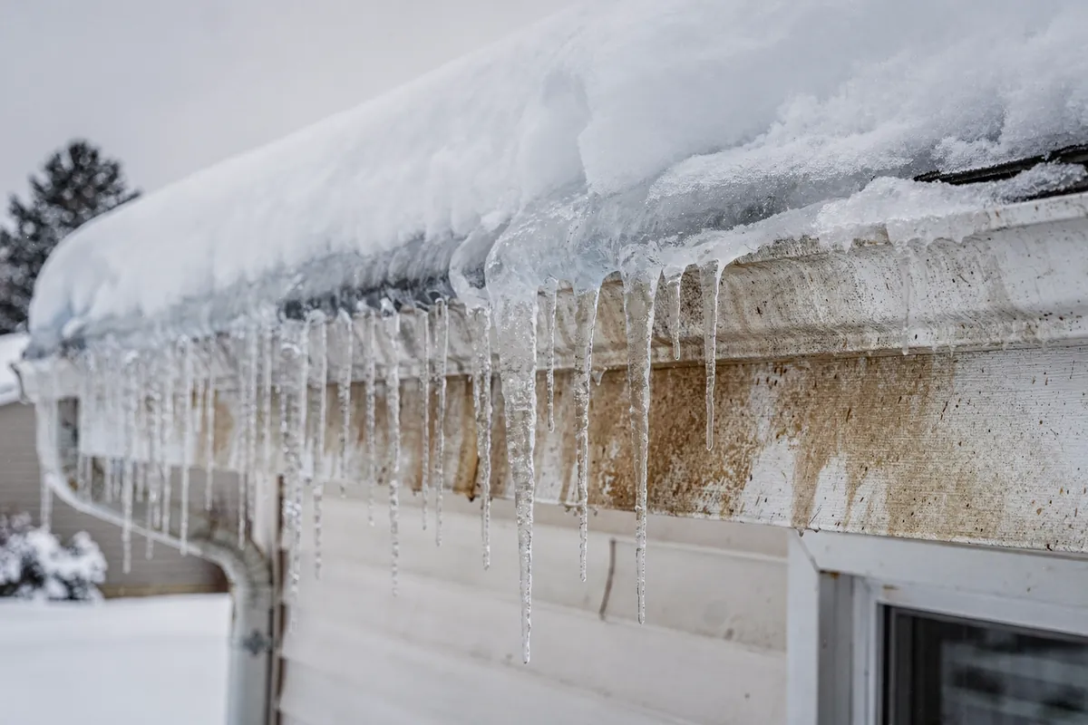 A thick ice dam and icicles along the eave of a Michigan house